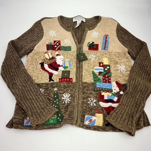 VTG Heirloom Collectibles Christmas Collection Cardigan Sweater PS Brown Santa - Picture 1 of 5